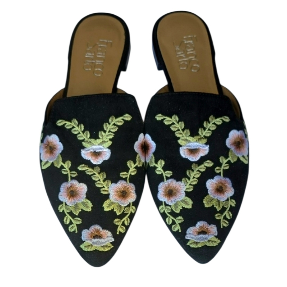 Franco Sarto Black Pointed Mules with Pink & Green Floral Embroidery Size 6 M